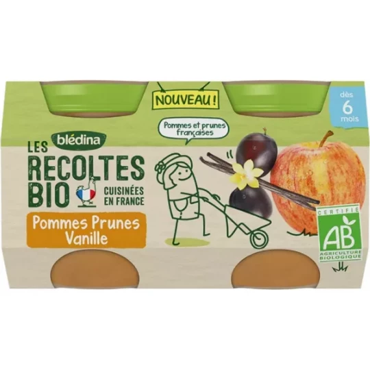 Blédina Les Récoltes Bio Petits Pots Pomme Prunes Vanille 130 g x 2