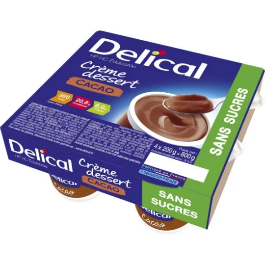 Delical Crème Dessert HP/HC Sans Sucre Cacao 4 x 200 g