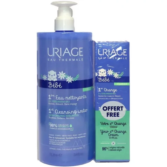 Uriage Bébé 1ère Eau Nettoyante 1 L + Crème Change 200 ml Offerte