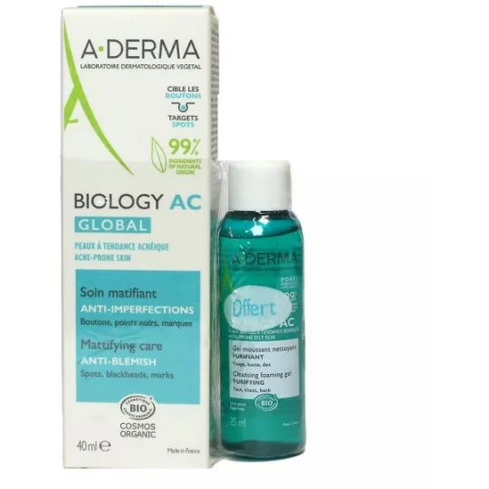 A-Derma Biology AC Global Soin Matifiant 40 ml + Gel Moussant 25 ml offert