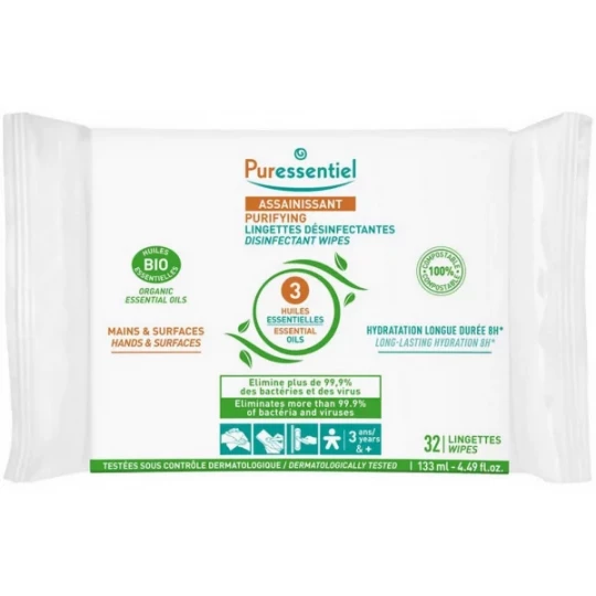 Puressentiel Lingettes Désinfectantes Mains et Surfaces x 32