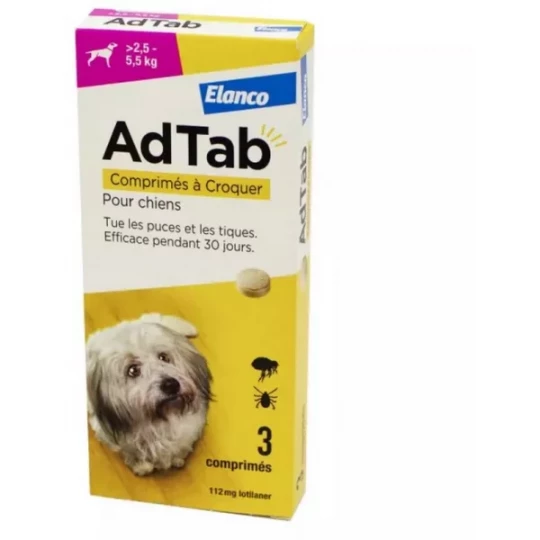 AdTab 112 mg Puces et Tiques Chiens Comprimés à Croquer x 3