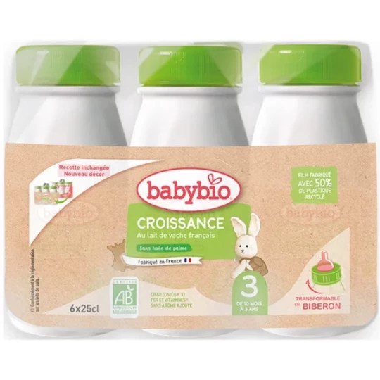 Babybio Croissance au Lait de Vache Français 3 de 10 Mois à 3 Ans Bio Bouteilles 6 x 25 cl