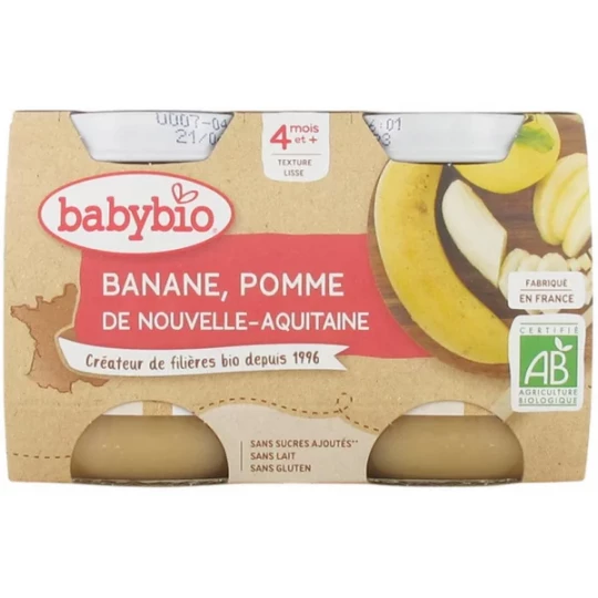 Babybio Banane Pomme 4 Mois et + Bio Pots 130 g x 2