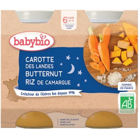 Babybio Bonne Nuit Carotte Butternut Riz 6 Mois et + Bio Pots 200 g x 2