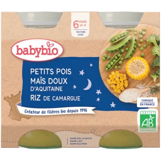 Babybio Bonne Nuit Petits Pois Maïs Doux Riz 6 Mois et + Bio Pots 200 g x 2