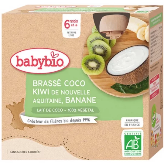 Babybio Brassé Végétal Coco Kiwi Banane 6 Mois et + Bio Gourdes 85 g x 4