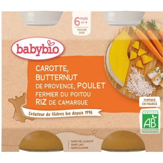 Babybio Carotte Butternut de Provence, Poulet Fermier du Poitou Riz de Camargue 6 Mois et + Bio Pots 200 g x 2