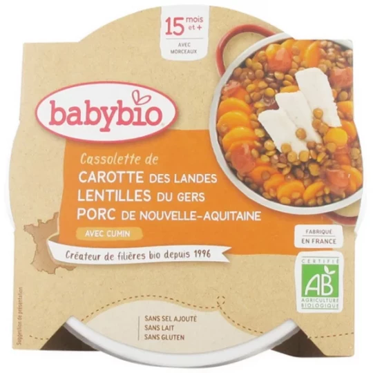 Babybio Cassolette de Carotte Lentilles Porc 15 Mois et + Bio 260 g