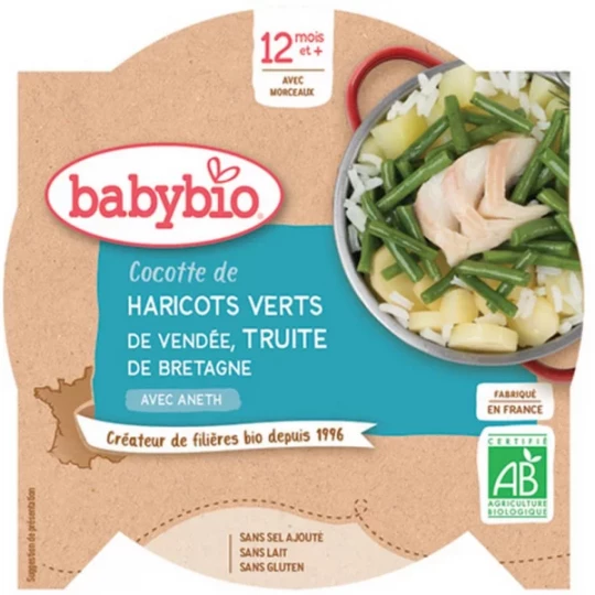 Babybio Cocotte de Haricots Verts Truite 12 Mois et + Bio 230 g