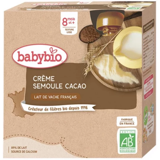BabyBio Crème Semoule Cacao 8 Mois et + Bio Gourdes 85 g x 4