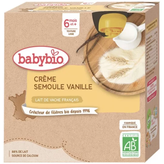 BabyBio Crème Semoule Vanille 6 Mois et + Bio Gourdes 85 g x 4