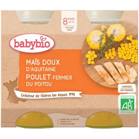 Babybio Maïs Doux Poulet 8 Mois et + Bio Pots 200 g x 2