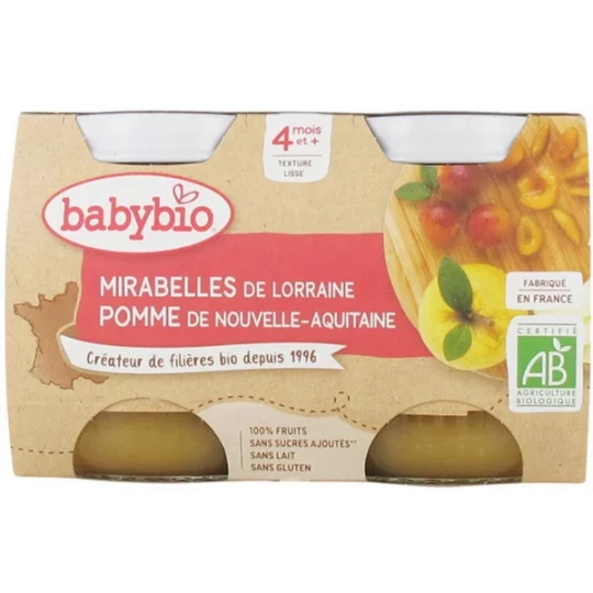 Babybio Mirabelles Pomme 4 Mois et + Bio Pots 130 g x 2