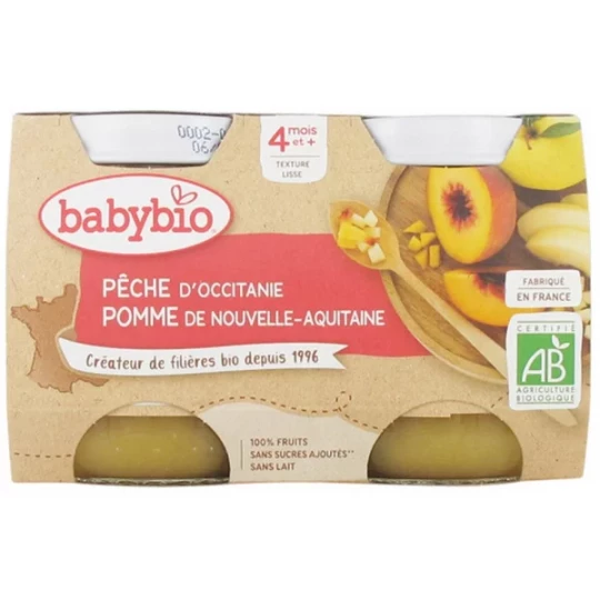 Babybio Pêche Pomme 4 Mois et + Bio Pots 130 g x 2