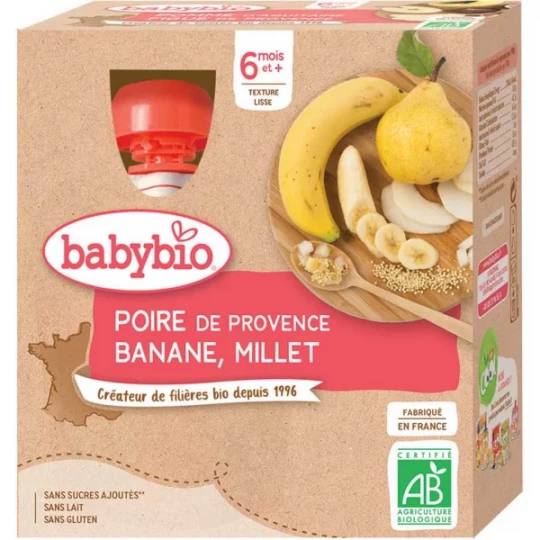 Babybio Poire Banane Millet 6 Mois et + Bio Gourdes 90 g x 4