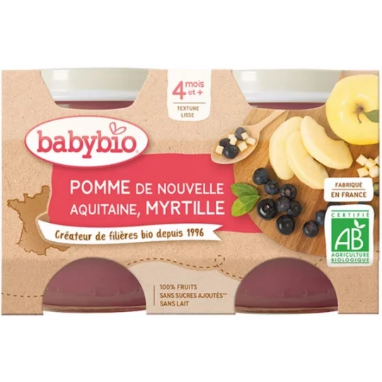 Babybio Pomme Myrtille 4 Mois et + Bio Pots 130 g x 2