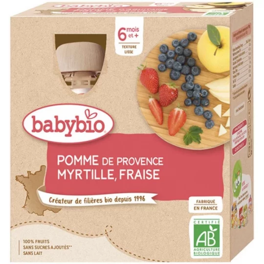 Babybio Pomme Myrtille Fraise 6 Mois et + Bio Gourdes 90 g x 4