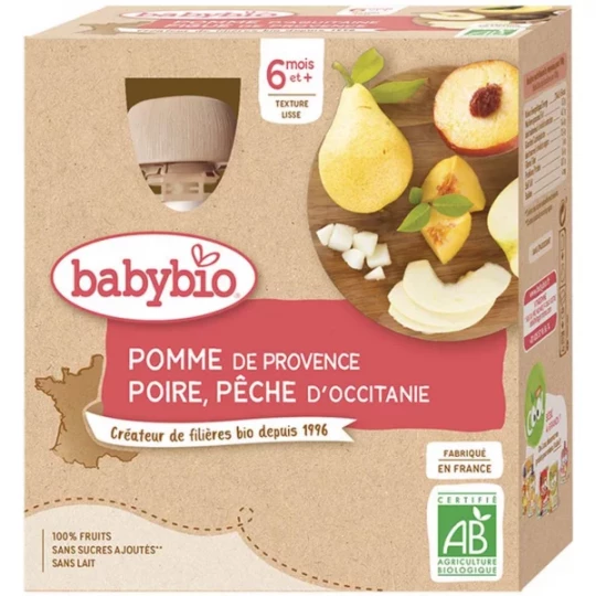 Babybio Pomme Poire Pêche 6 Mois et + Bio Gourdes 90 g x 4