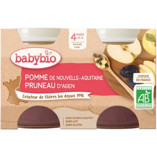 Babybio Pomme Pruneau 4 Mois et + Bio Pots 130 g x 2