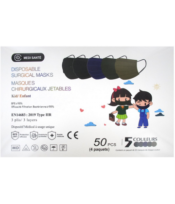 Médi-Santé Masque Chirurgical Jetable Enfant Type IIR EFB 98% 5 Couleurs Foncées 50 Masques