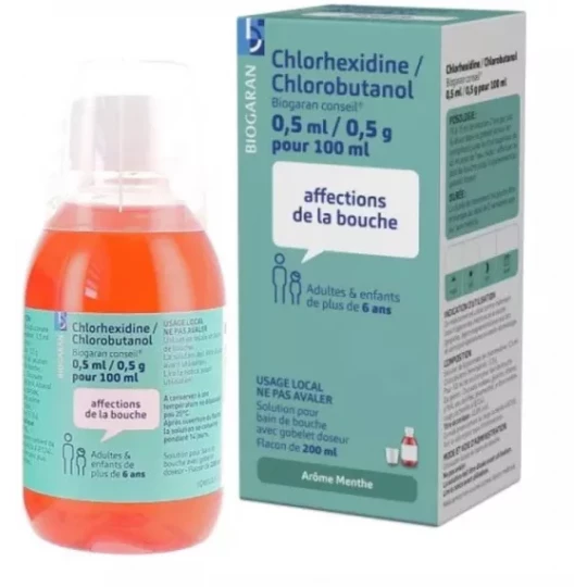 Chlorhexidine/Chlorobutanol 0,5 ml/0,5 g Biogaran Menthe 200 ml