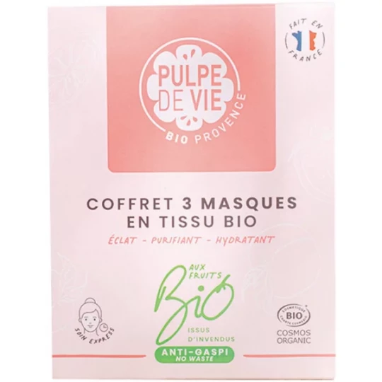 Pulpe de Vie Coffret Masques x 3 en Tissu Bio Éclat Purifiant Hydratant Bio Masques x 3