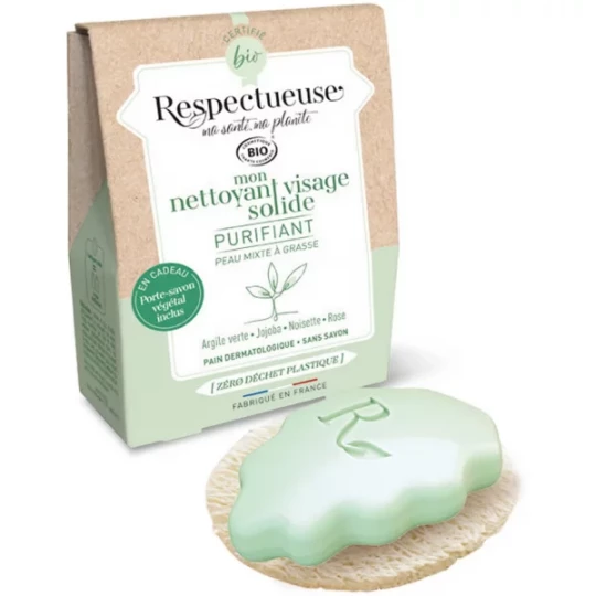 Respectueuse Mon Nettoyant Visage Solide Purifiant 35 g + 1 Porte-Savon Végétal offert