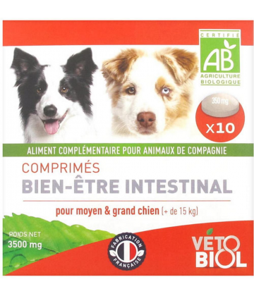 Vétobiol Comprimés Bien-Etre Intestinal Bio Pour Moyen et Grand Chien (+15 kg) 10 Comprimés