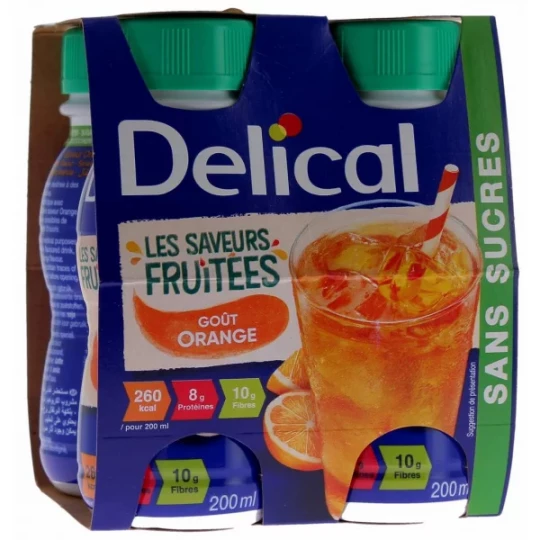Delical Les Saveurs Fruitées Boisson Sans Sucres Goût Orange 4 x 200 ml