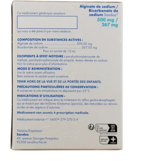 Alginate de Sodium/Bicarbonate de Sodium Sandoz 500 mg/267 mg Sachets x 24 - image 2