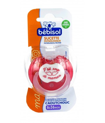 Bébisol Sucette Physiologique Caoutchouc +6 Mois - P'tit ange de maman ou p'tit coeur de papa
