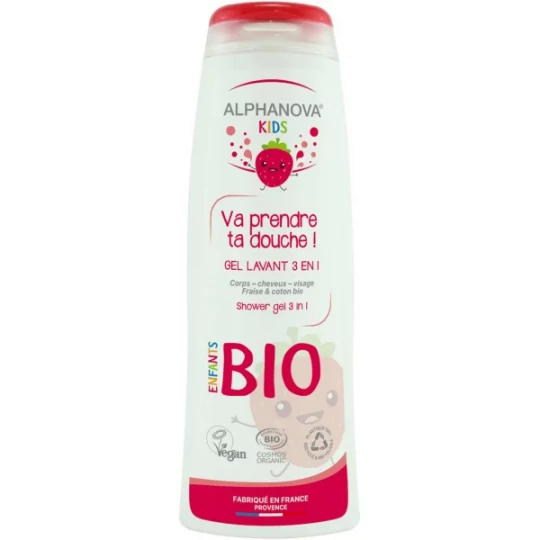 Alphanova Kids Va Prendre Ta Douche ! Gel Lavant 3 en 1 Fraise et Coton Bio 250 ml