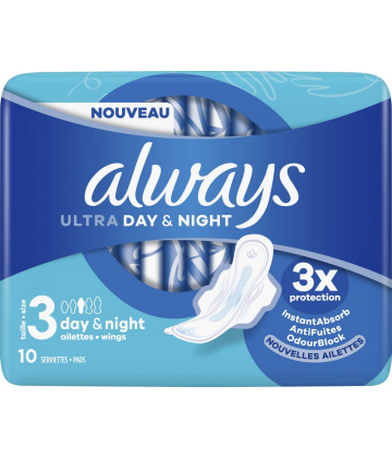 Always Ultra Day et Night Taille 3 Serviettes Hygiéniques x 10