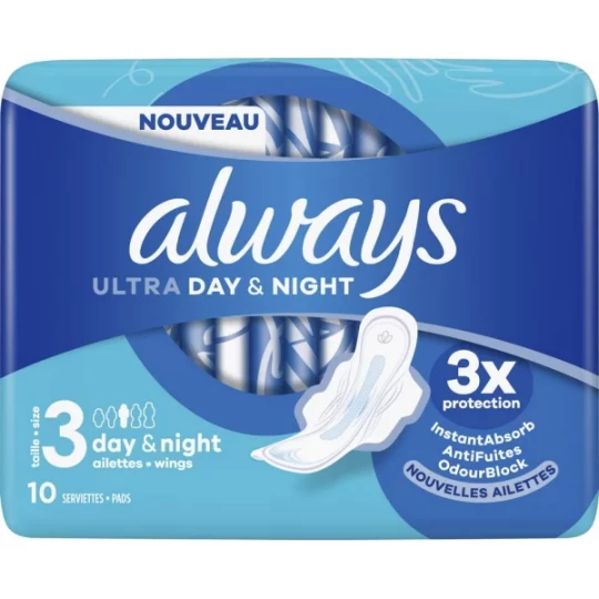 Always Ultra Day et Night Taille 3 Serviettes Hygiéniques x 10