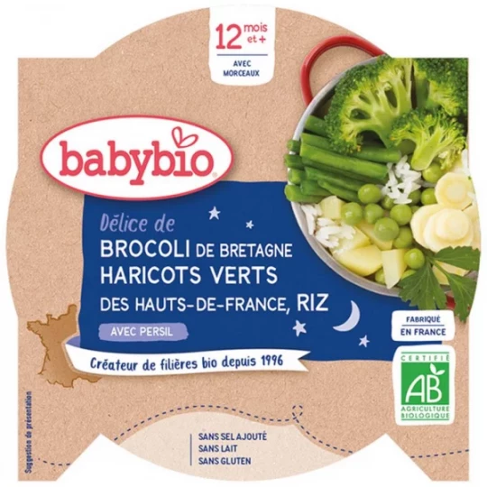 Babybio Bonne Nuit Délice de Brocoli Haricots Verts Riz 12 Mois et + Bio 230 g