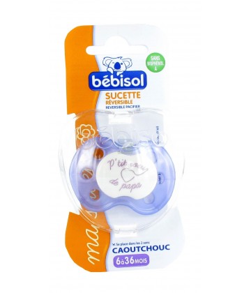 Bébisol Sucette Réversible Caoutchouc +6 Mois - P'tit ange de maman ou p'tit coeur de papa
