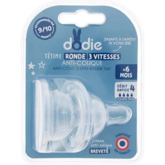 Dodie Tétines Rondes 3 Vitesses Anti-Colique Liquide Epais + 6 Mois x 2