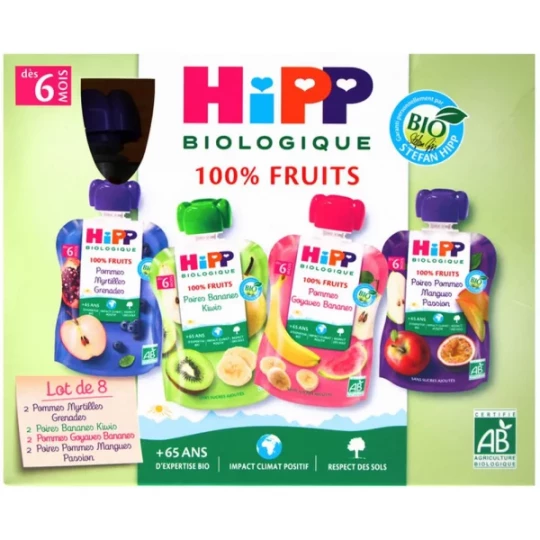 HiPP 100% Fruits dès 6 Mois Bio Gourdes x 8