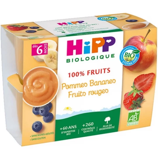 HiPP 100% Fruits Pommes Bananes Fruits Rouges dès 6 Mois Bio Pots x 4