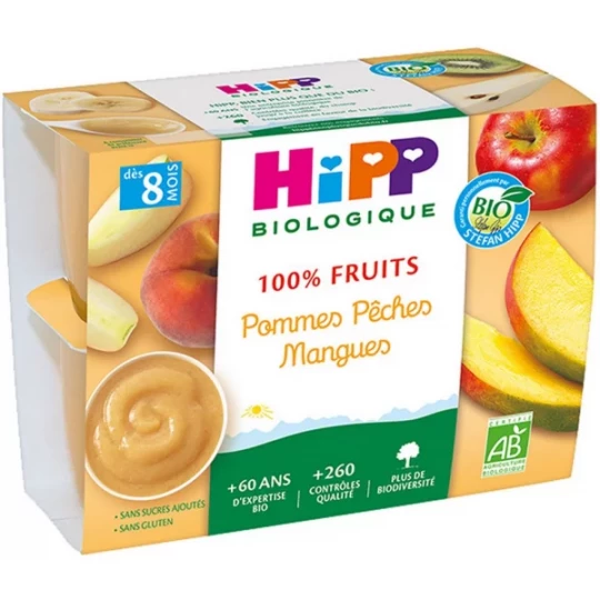 HiPP 100% Fruits Pommes Pêches Mangues dès 8 Mois Bio Pots x 4
