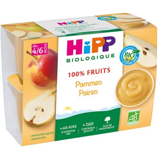HiPP 100% Fruits Pommes Poires dès 4/6 Mois Bio Pots x 4