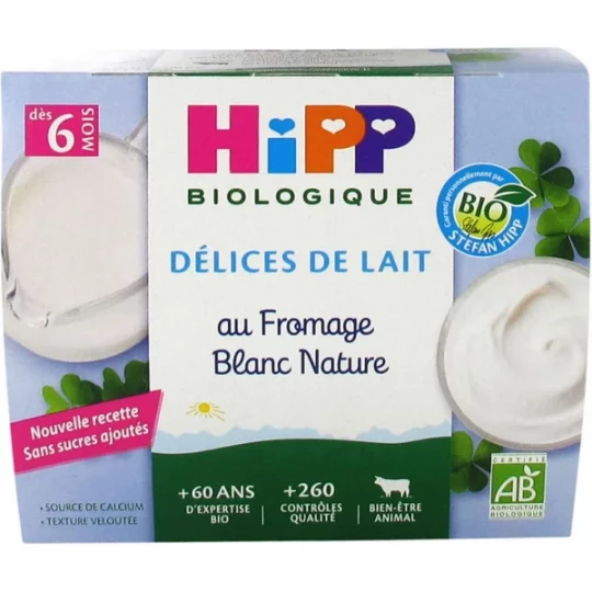 HiPP Délices de Lait au Fromage Blanc Nature Sucré dès 6 Mois Bio Pots x 4