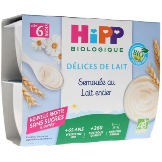 HiPP Délices de Lait Semoule au Lait Entier dès 6 Mois Bio Pots x 4