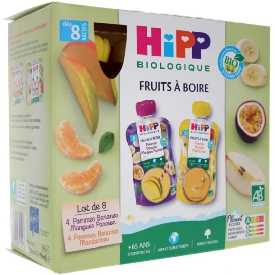 HiPP Fruits à Boire dès 8 Mois Bio Gourdes 90 ml x 8