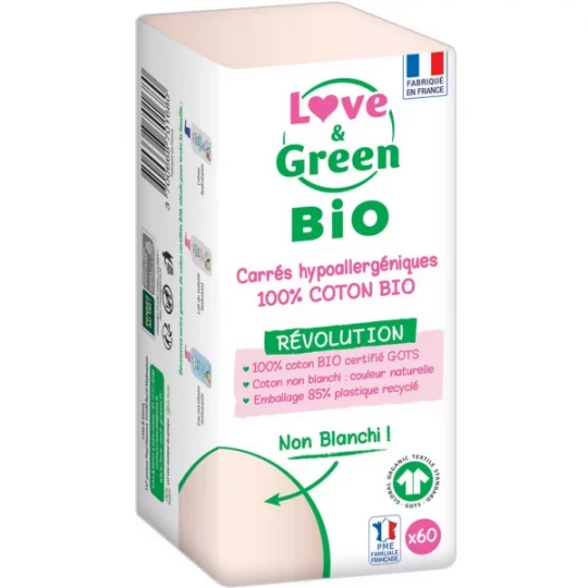 Love & Green Carrés Hypoallergéniques 100% Coton Bio Cotons x 60