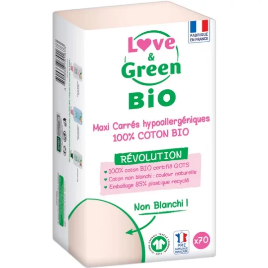 Love & Green Maxi Carrés Hypoallergéniques 100% Coton Bio Cotons x 70