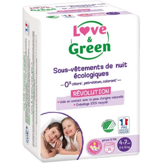 Love & Green Sous-Vêtements de Nuit Écologiques 4-7 Ans (17-30 kg) x 15