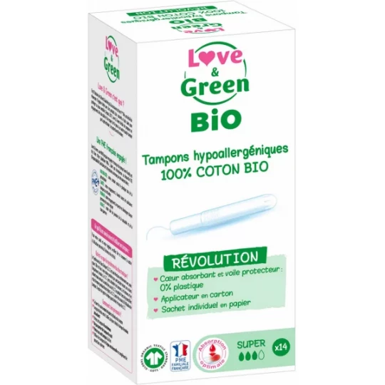 Love & Green Tampons Hypoallergéniques 100% Coton Bio Tampons Super avec Applicateur x 14