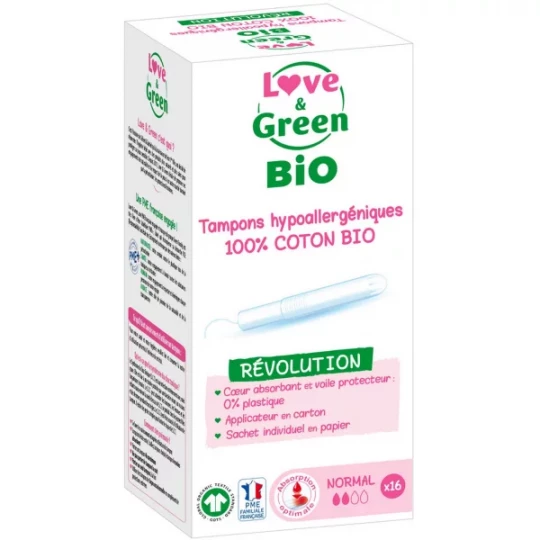 Love & Green Tampons Hypoallergéniques 100% Coton Bio Tampons Normal avec Applicateur x 16